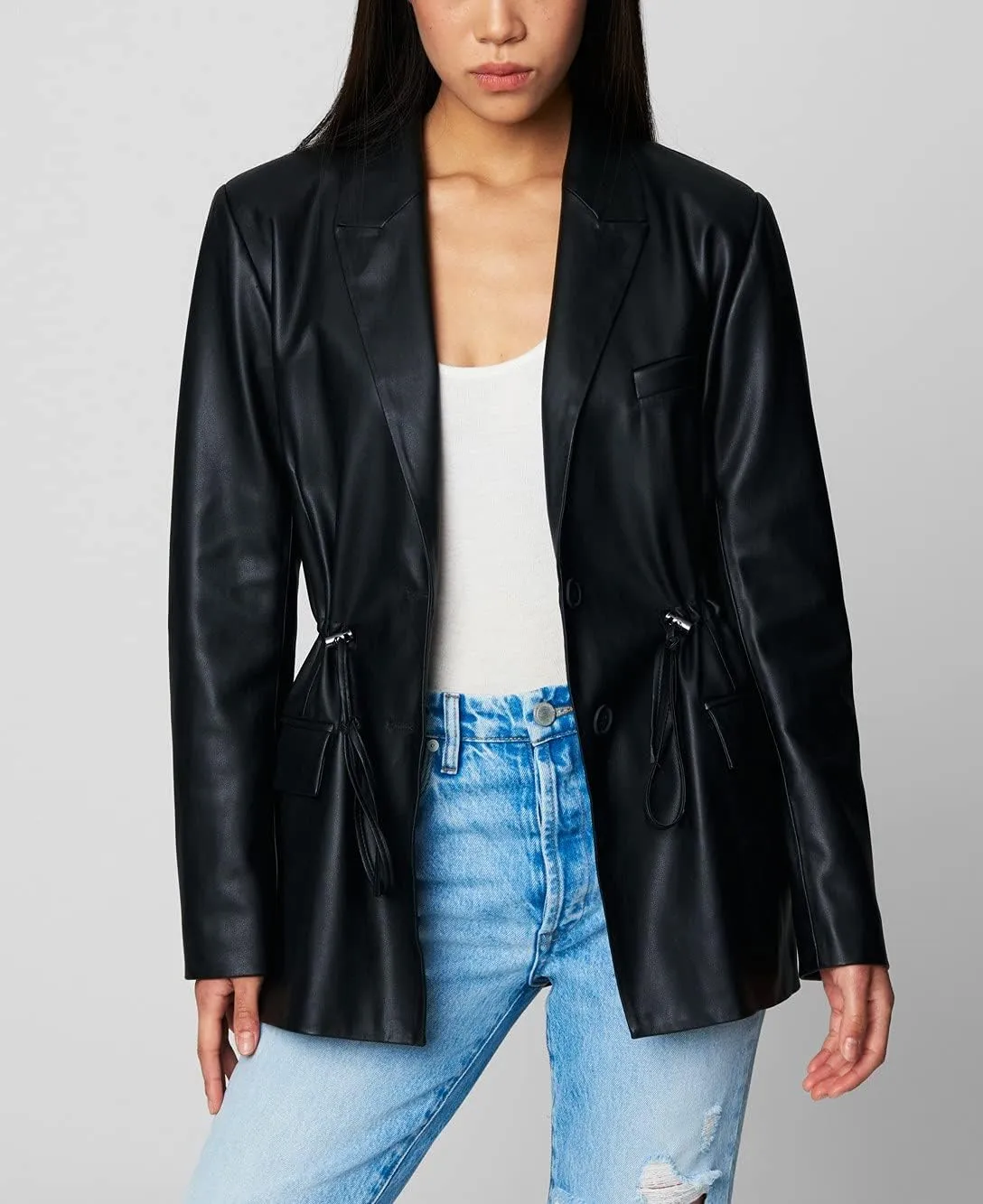 [BLANKNYC] Womens Vegan Leather Blazer with Drawcord Waist, Comfortable Coat & Stylish Jacket
