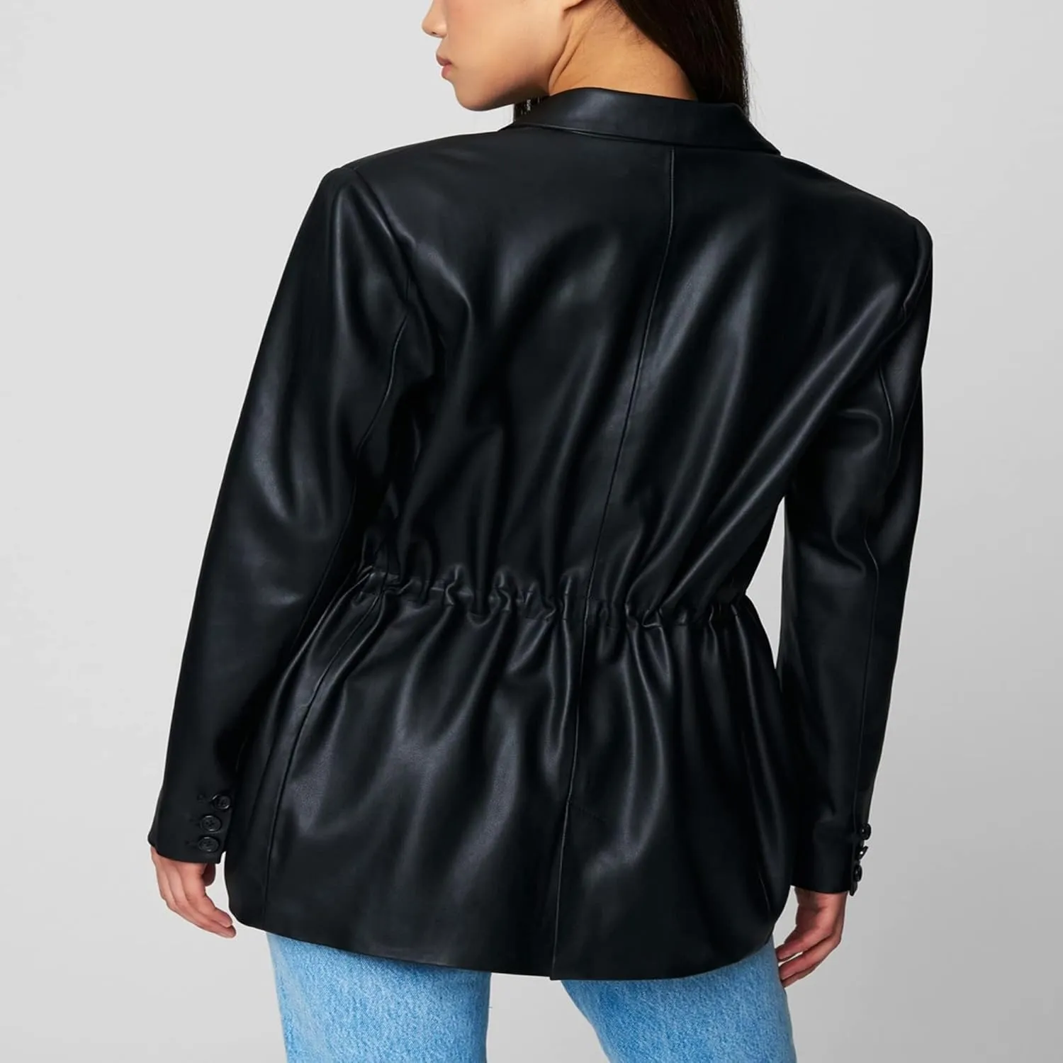 [BLANKNYC] Womens Vegan Leather Blazer with Drawcord Waist, Comfortable Coat & Stylish Jacket