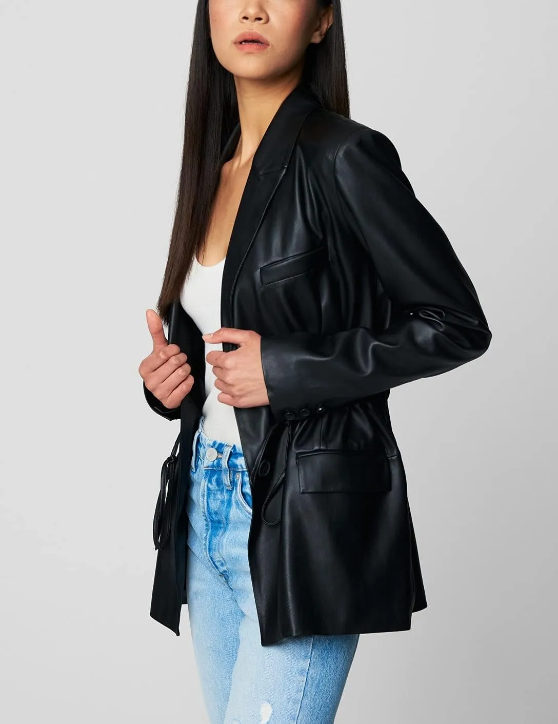 [BLANKNYC] Womens Vegan Leather Blazer with Drawcord Waist, Comfortable Coat & Stylish Jacket