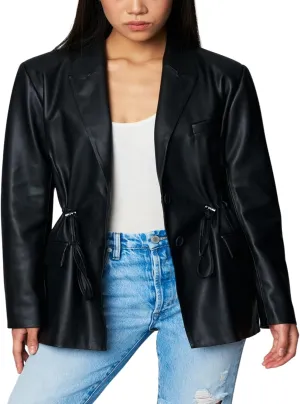 [BLANKNYC] Womens Vegan Leather Blazer with Drawcord Waist, Comfortable Coat & Stylish Jacket