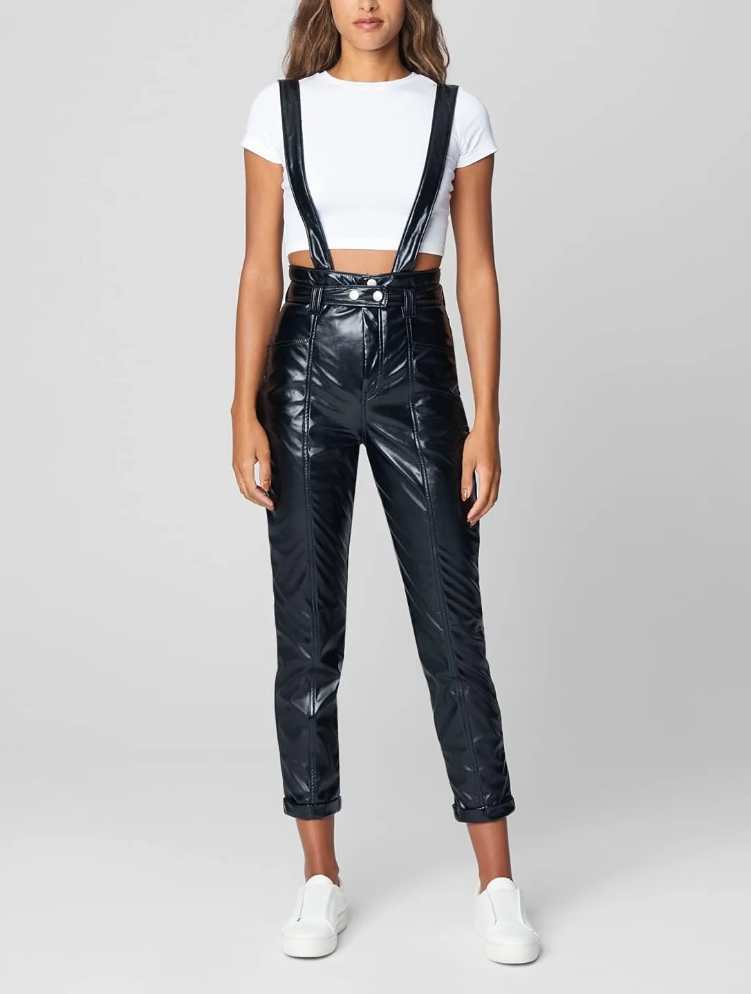 [BLANKNYC] womens Womens Vegan Leather Pant With Straps, Comfortable & Fitting, Casual Overalls