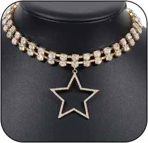 Bling Crystal Layered Large Star Choker Necklaces for Women Sparkly Gold Rhinestone Big Pentacle Statement Pendant Necklace Chunky Silver Jewelry