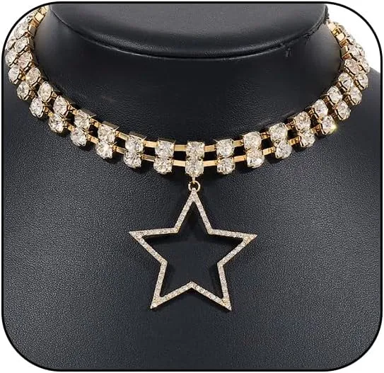 Bling Crystal Layered Large Star Choker Necklaces for Women Sparkly Gold Rhinestone Big Pentacle Statement Pendant Necklace Chunky Silver Jewelry