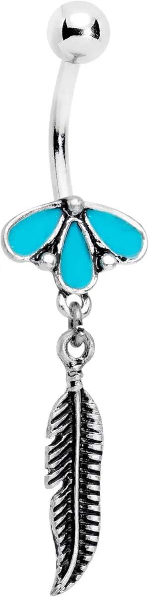Body Candy Stainless Steel Brilliant Blue Southwestern Feather Dangle Belly Ring