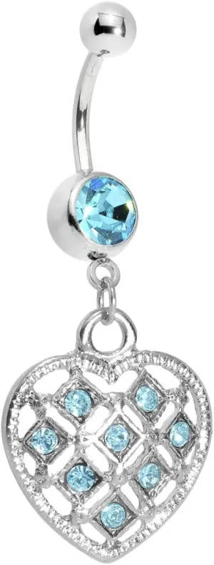 Body Candy Womens Brilliant Blue Checkered Princess Heart Belly Ring