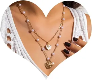 Bohemian Seashell Starfish Necklace,Dainty Layered Pearl Necklaces 14K Gold Plated Shell Starfish Pedent Pearl Choker Necklace for Women Beach Jewelry Gifts