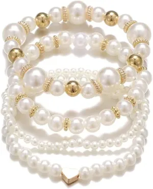 Bohemian Simulated Pearl Stackable Stretch Bracelets Adjustable Multilayered Elastic Beads Bracelet Set for Women Friendship Bangles Jewelry
