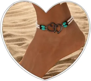 Boho Beaded Ankle Bracelet for Women Double Layered Beaded Anklet Stretch Double Heart Anklet Colorful Beach Anklets for Women Summer Beach Foot Jewelry