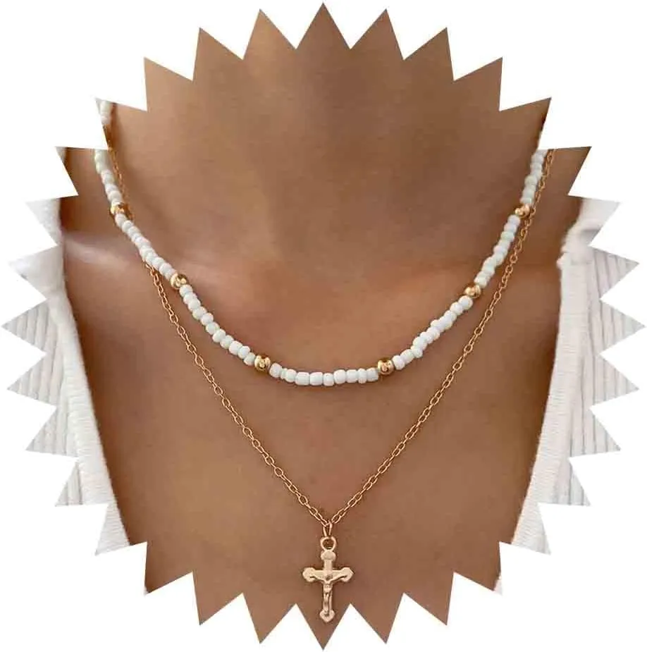 Boho Layered Beads Choker Necklace Chain Waterdrop Rhinestone Necklaces Vintage Gold Layered Teardrop Crystal Pendant Necklace White Beads Strand Necklace Jewellery for Women Girls
