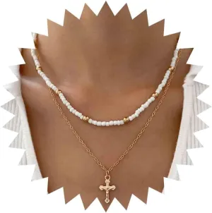 Boho Layered Beads Choker Necklace Chain Waterdrop Rhinestone Necklaces Vintage Gold Layered Teardrop Crystal Pendant Necklace White Beads Strand Necklace Jewellery for Women Girls