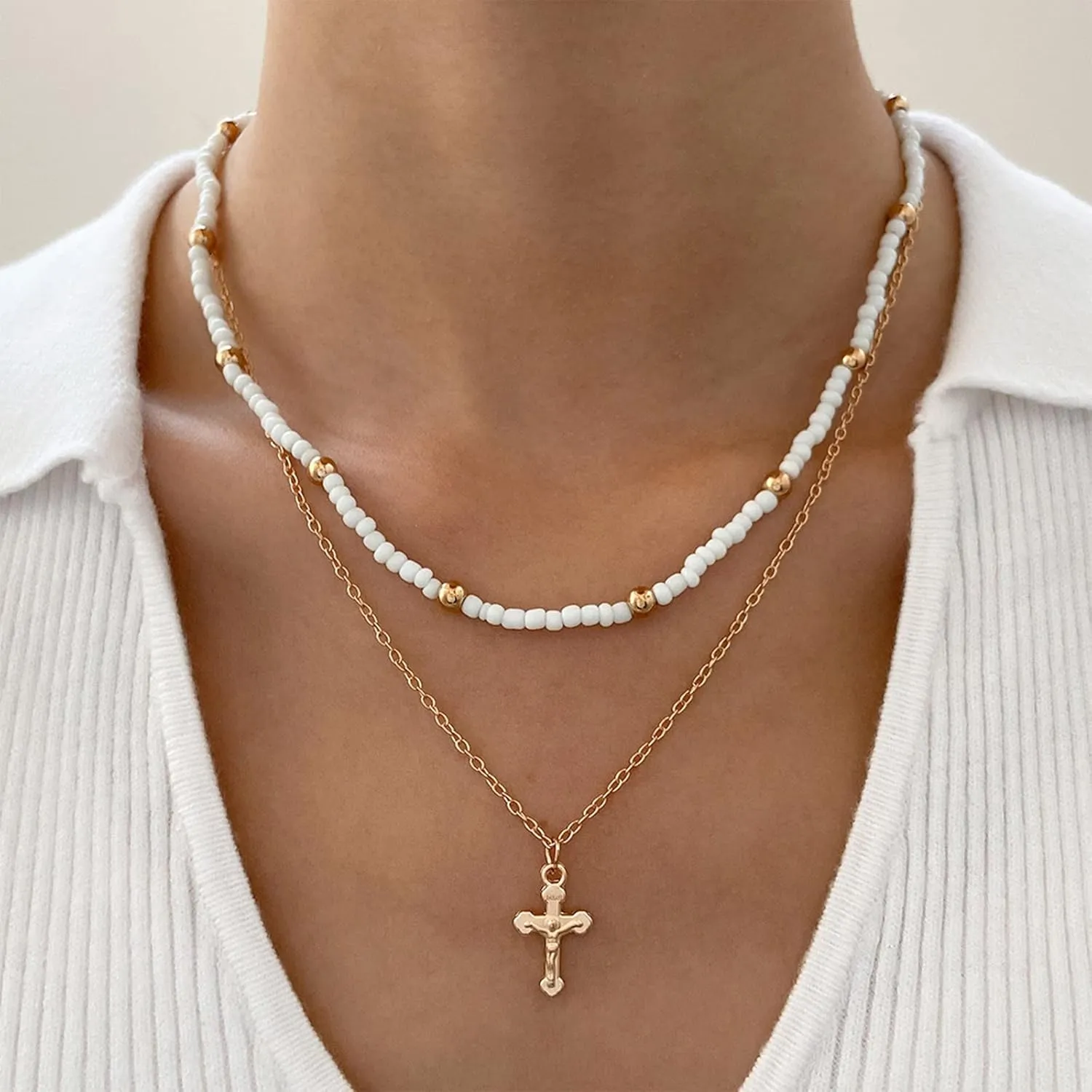 Boho Layered Beads Choker Necklace Chain Waterdrop Rhinestone Necklaces Vintage Gold Layered Teardrop Crystal Pendant Necklace White Beads Strand Necklace Jewellery for Women Girls