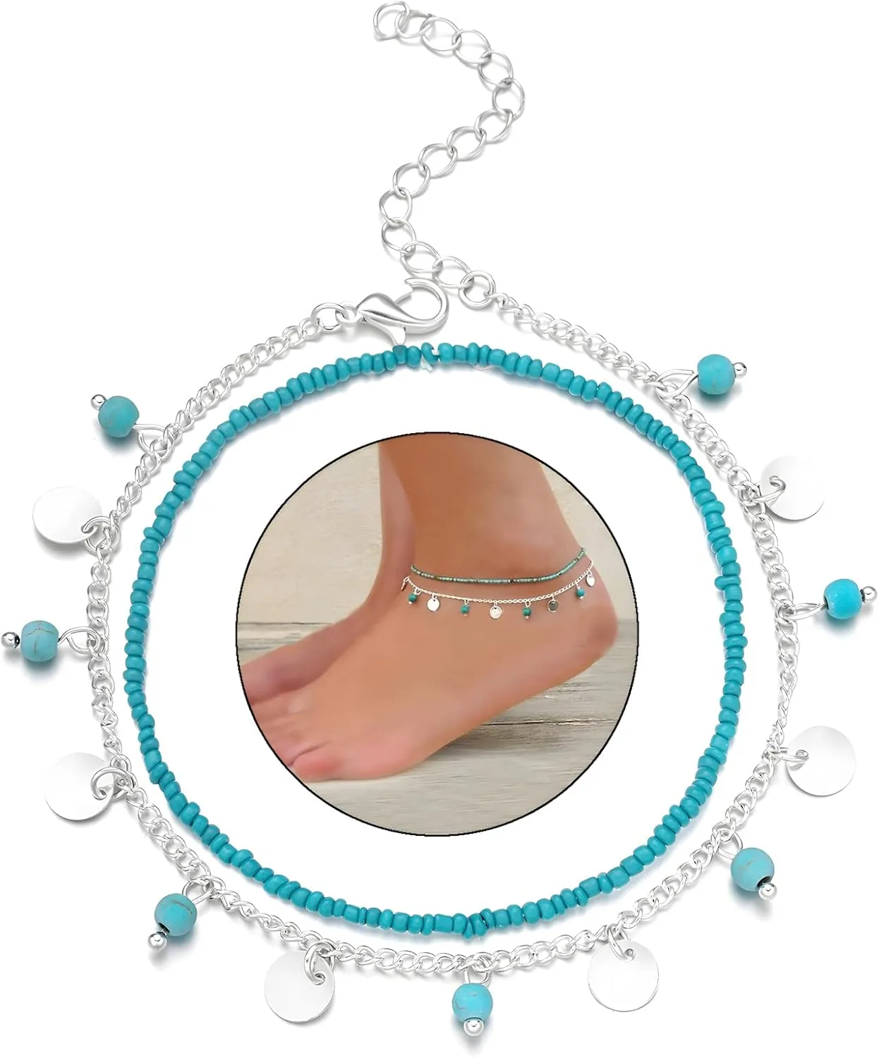 Boho Layered Turquoise Anklet for Women Silver Turquoise Beaded Ankle Bracelet Vintage Beach Foot Chain Jewellery