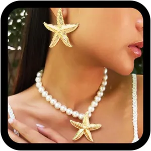 Boho Starfish Necklaces Gold Pearls Necklace Earring Set Beach Necklace Chain for Women