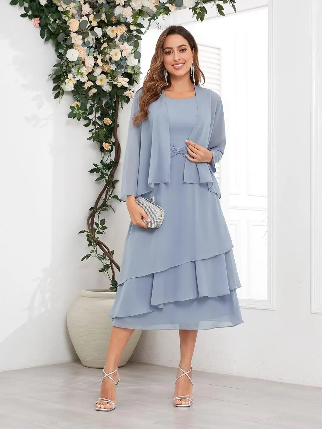 BOLENSYE Women's 2 Pieces Mother of The Bride Dresses for Wedding with Jacket Tea Length Formal Evening Party Gown