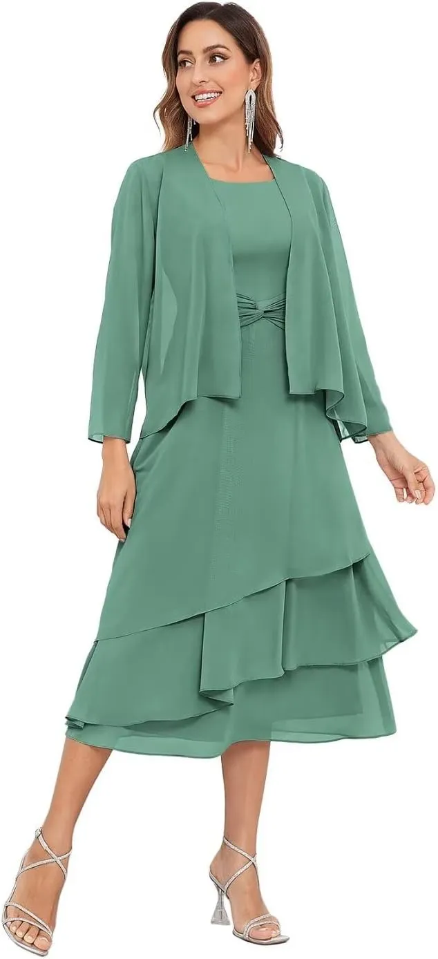 BOLENSYE Women's 2 Pieces Mother of The Bride Dresses for Wedding with Jacket Tea Length Formal Evening Party Gown