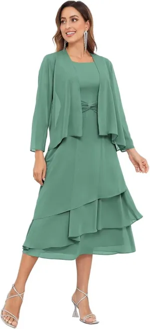 BOLENSYE Women's 2 Pieces Mother of The Bride Dresses for Wedding with Jacket Tea Length Formal Evening Party Gown