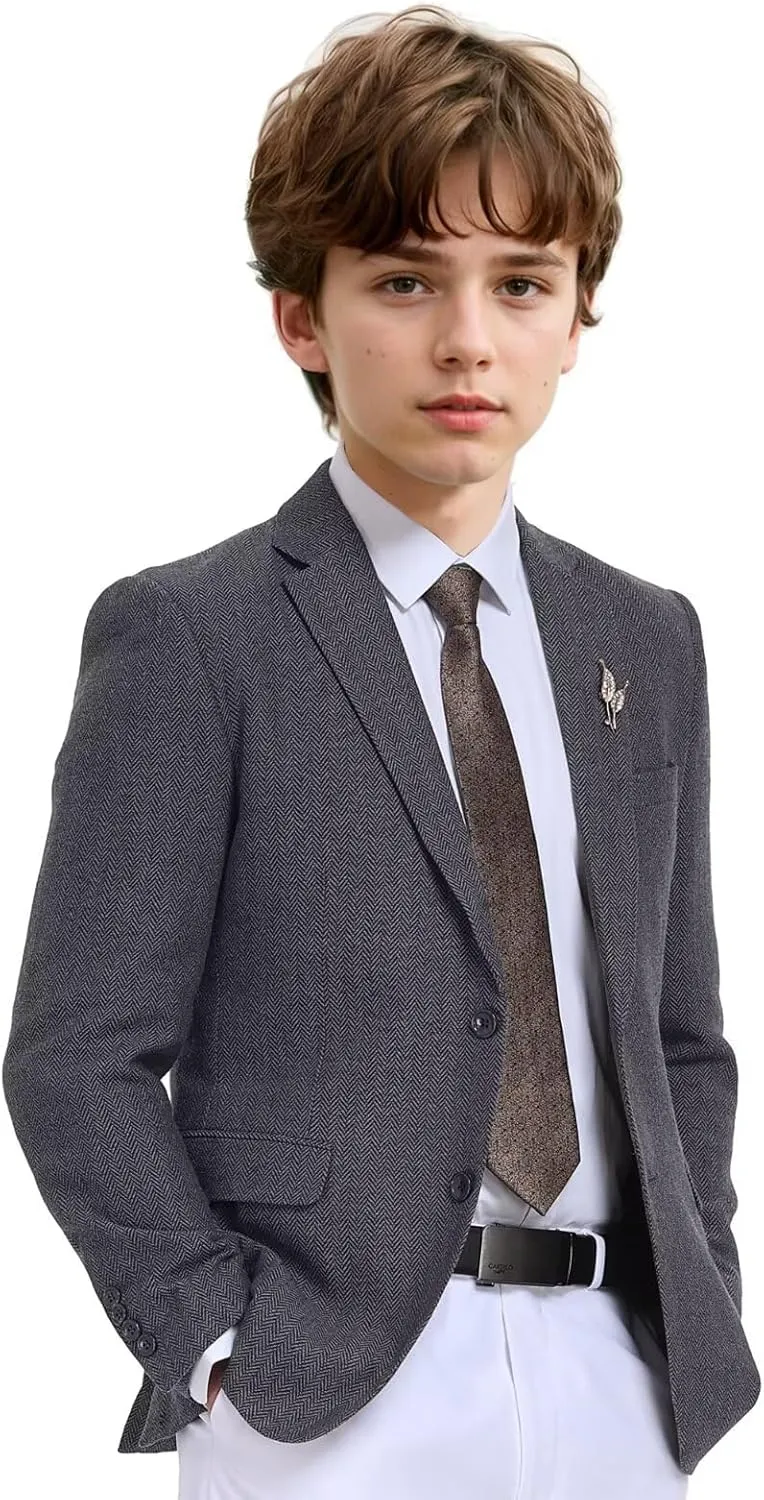 Boys Suit Blazer Tweed Herringbone Jacket Boy Sport Coats Slim Fit Retro Tuxedo Stylish Wedding Party Prom Homecoming