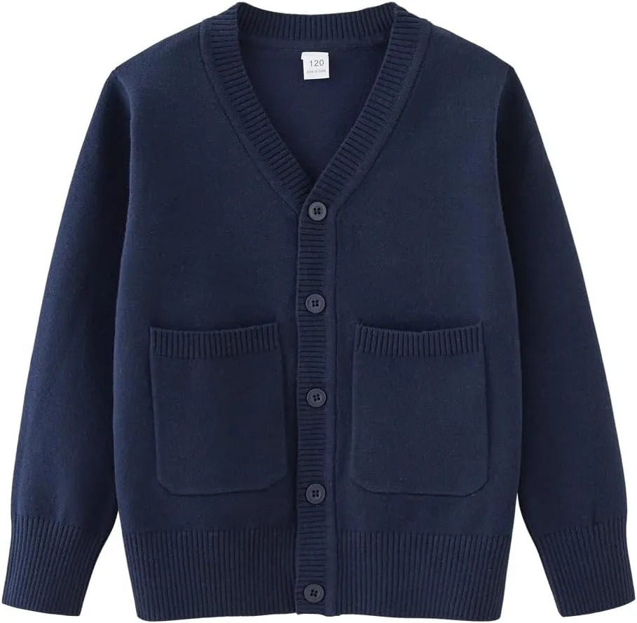 Boys V-Neck Cardigan Sweater with Pockets Classic Uniform Clothes for Kids