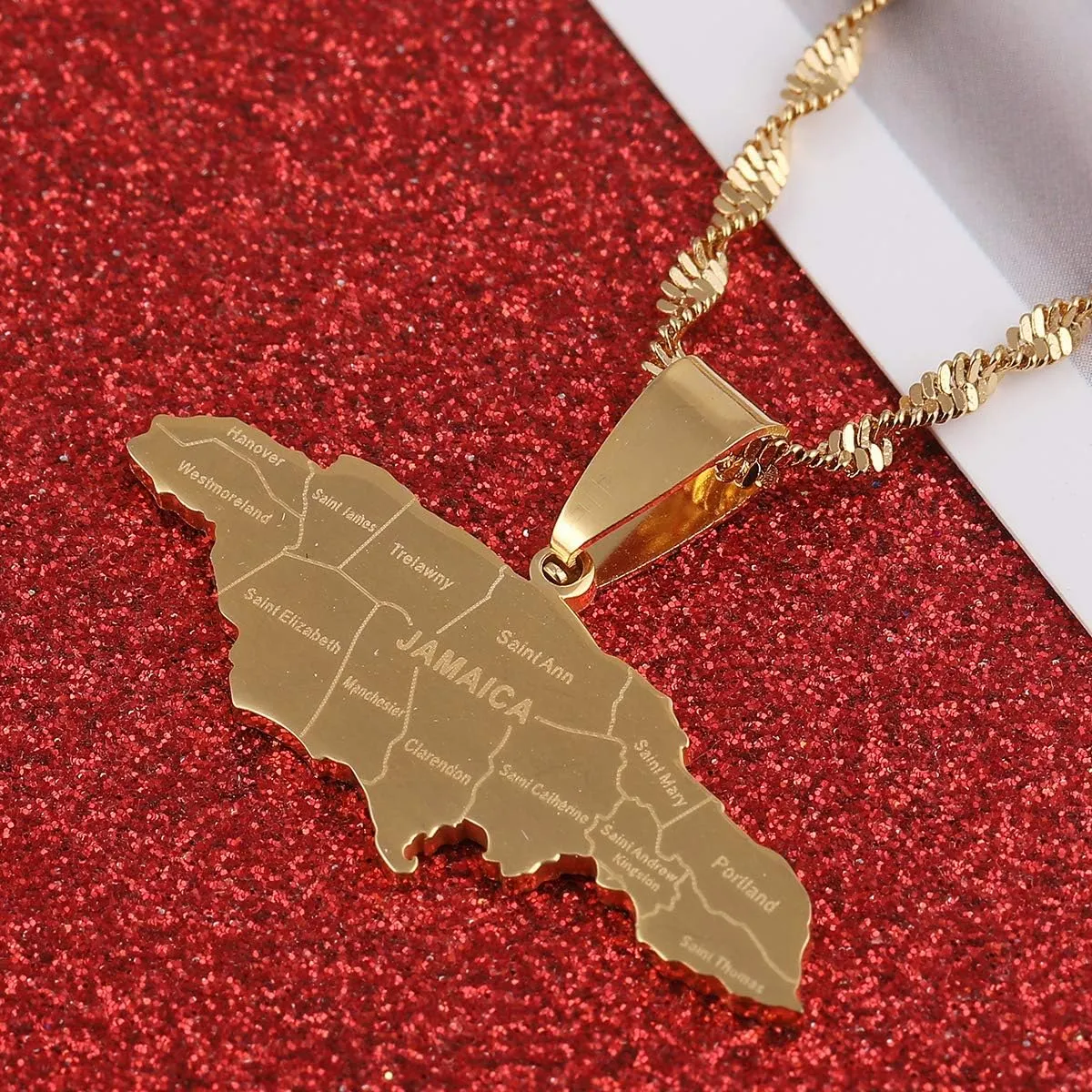 BR Gold Jewelry Stainless Steel Map of Jamaica With City Pendant Necklaces for Women