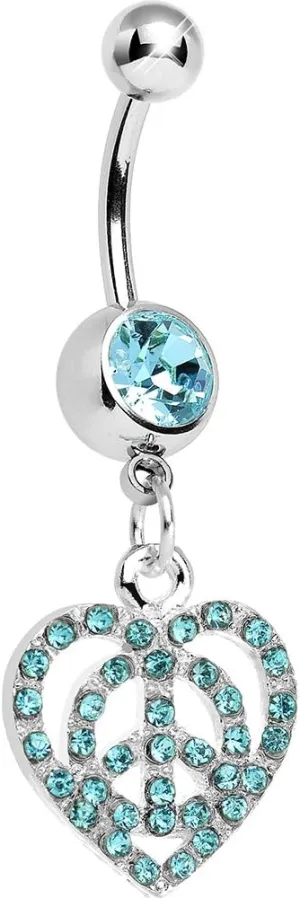 Brilliant Blue Paved Peace Sign Heart Dangle Belly Ring