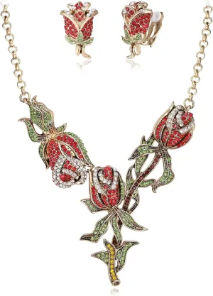 BriLove Gorgeous Jewelry Set for Women, Stunning Crystal Rose Flower Leaf Cluster Statement Necklace Dangle Drop Clip-on Earrings Set for Party Prom Accessories