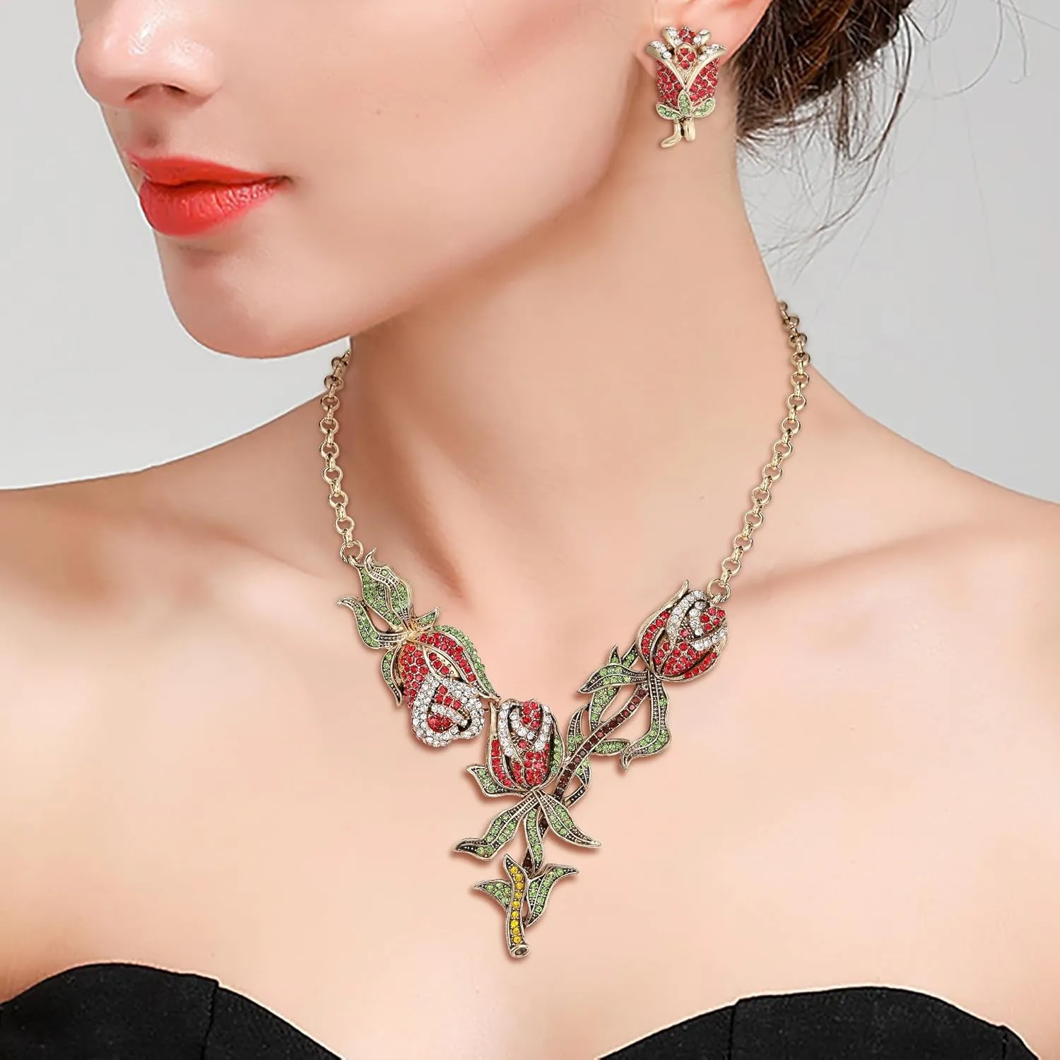 BriLove Gorgeous Jewelry Set for Women, Stunning Crystal Rose Flower Leaf Cluster Statement Necklace Dangle Drop Clip-on Earrings Set for Party Prom Accessories
