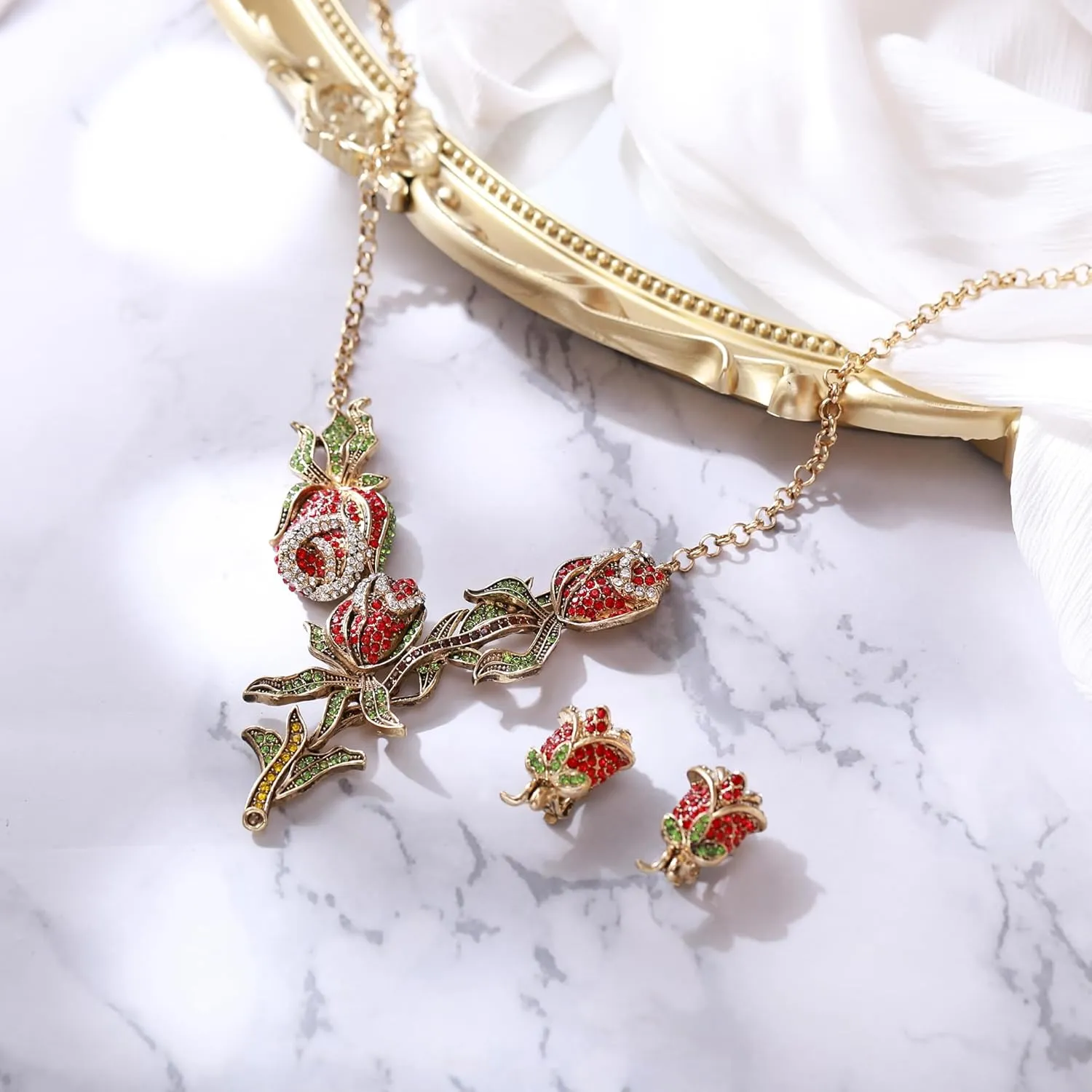 BriLove Gorgeous Jewelry Set for Women, Stunning Crystal Rose Flower Leaf Cluster Statement Necklace Dangle Drop Clip-on Earrings Set for Party Prom Accessories