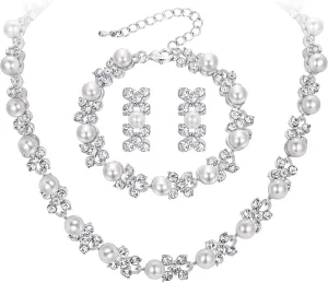 BriLove Wedding Bridal Simulated Pearl Necklace Bracelet Earrings Jewelry Set for Women Crystal Flower Collar Tennis Drop Clear Silver-Tone