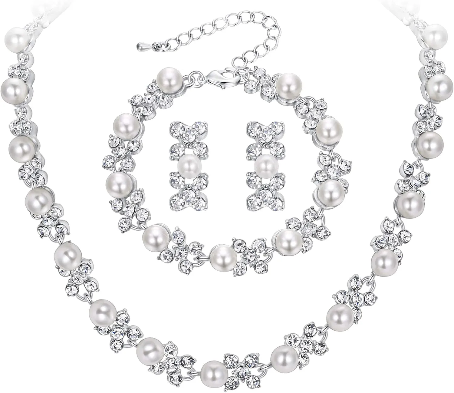 BriLove Wedding Bridal Simulated Pearl Necklace Bracelet Earrings Jewelry Set for Women Crystal Flower Collar Tennis Drop Clear Silver-Tone