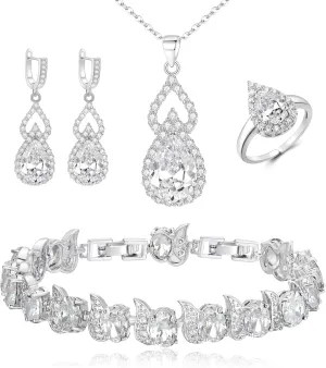 BriLove Wedding Jewelry Set for Women Bride Bridesmaid, Gorgeous Cubic Zirconia Teardrop Necklace Earrings Bracelet Adjustable Ring Jewelry Gift for Birthday/Anniversary/Mothers Day