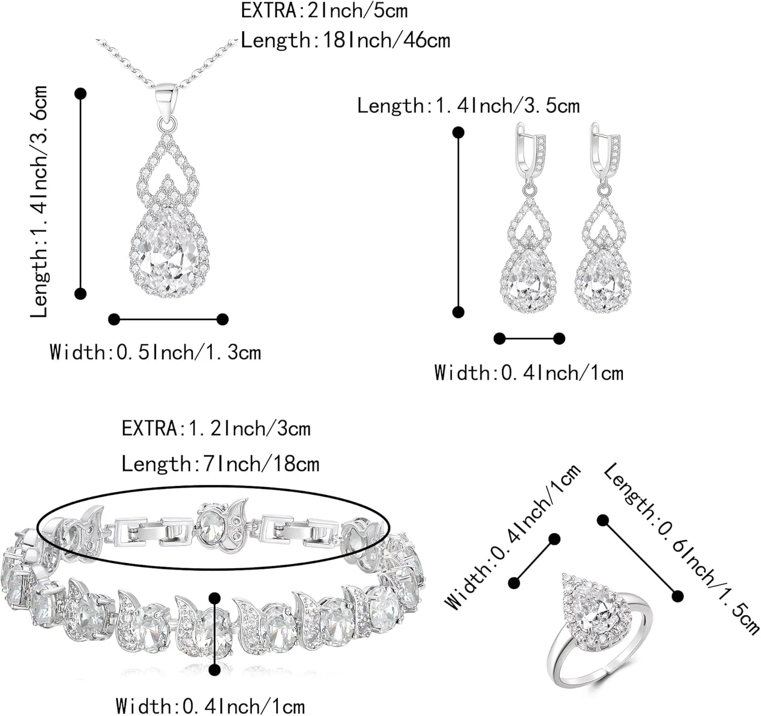 BriLove Wedding Jewelry Set for Women Bride Bridesmaid, Gorgeous Cubic Zirconia Teardrop Necklace Earrings Bracelet Adjustable Ring Jewelry Gift for Birthday/Anniversary/Mothers Day