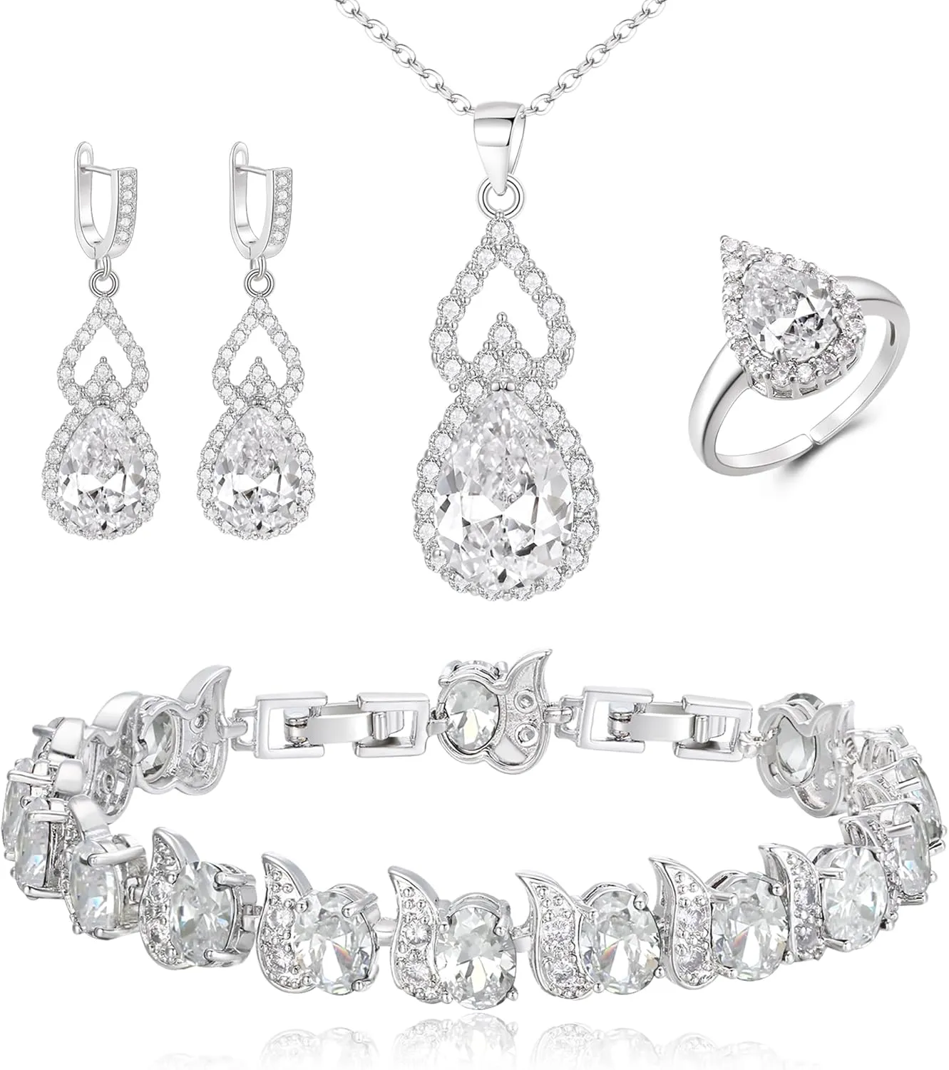 BriLove Wedding Jewelry Set for Women Bride Bridesmaid, Gorgeous Cubic Zirconia Teardrop Necklace Earrings Bracelet Adjustable Ring Jewelry Gift for Birthday/Anniversary/Mothers Day