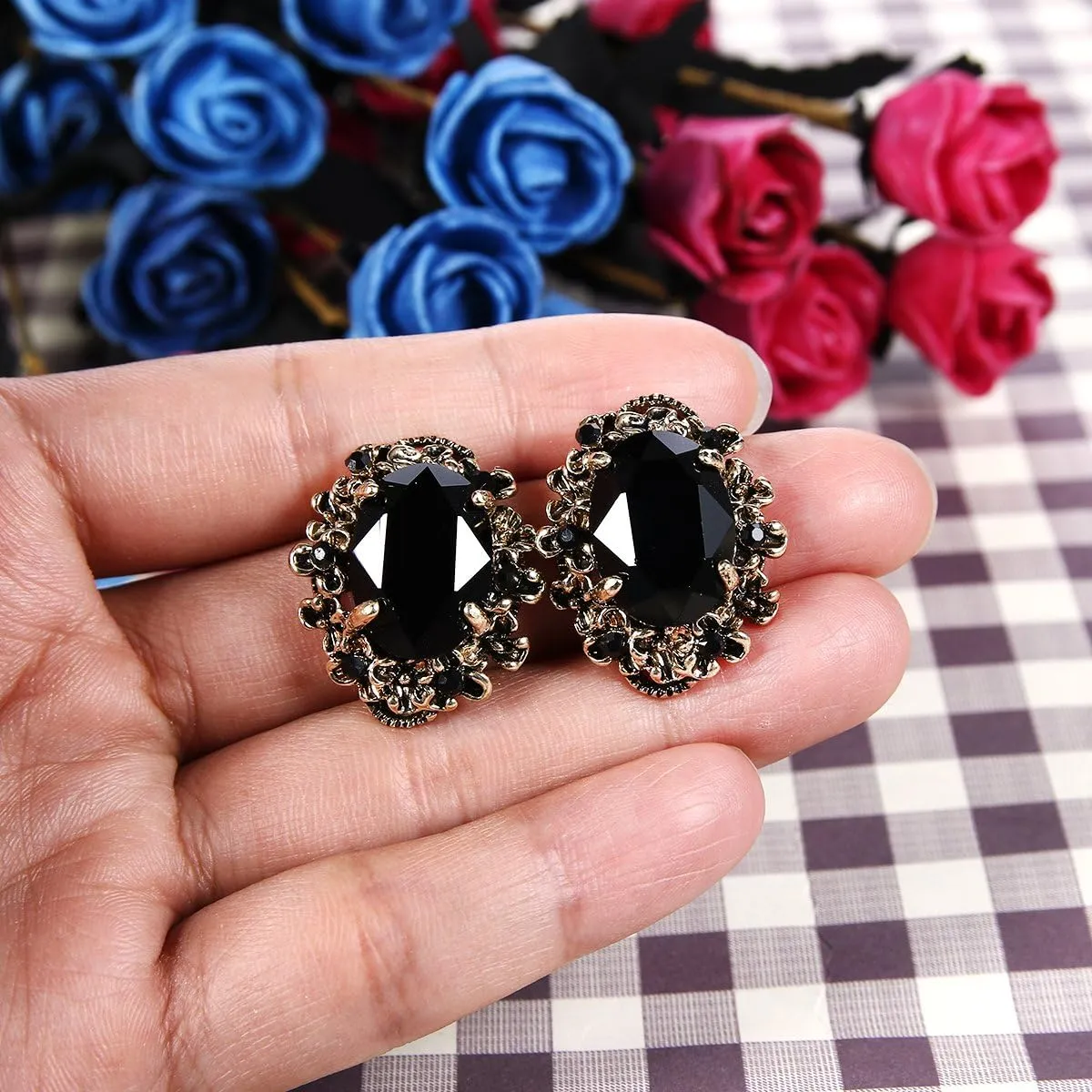 BriLove Women's Victorian Style Crystal Floral Scroll Cameo Inspired Oval Stud Earrings