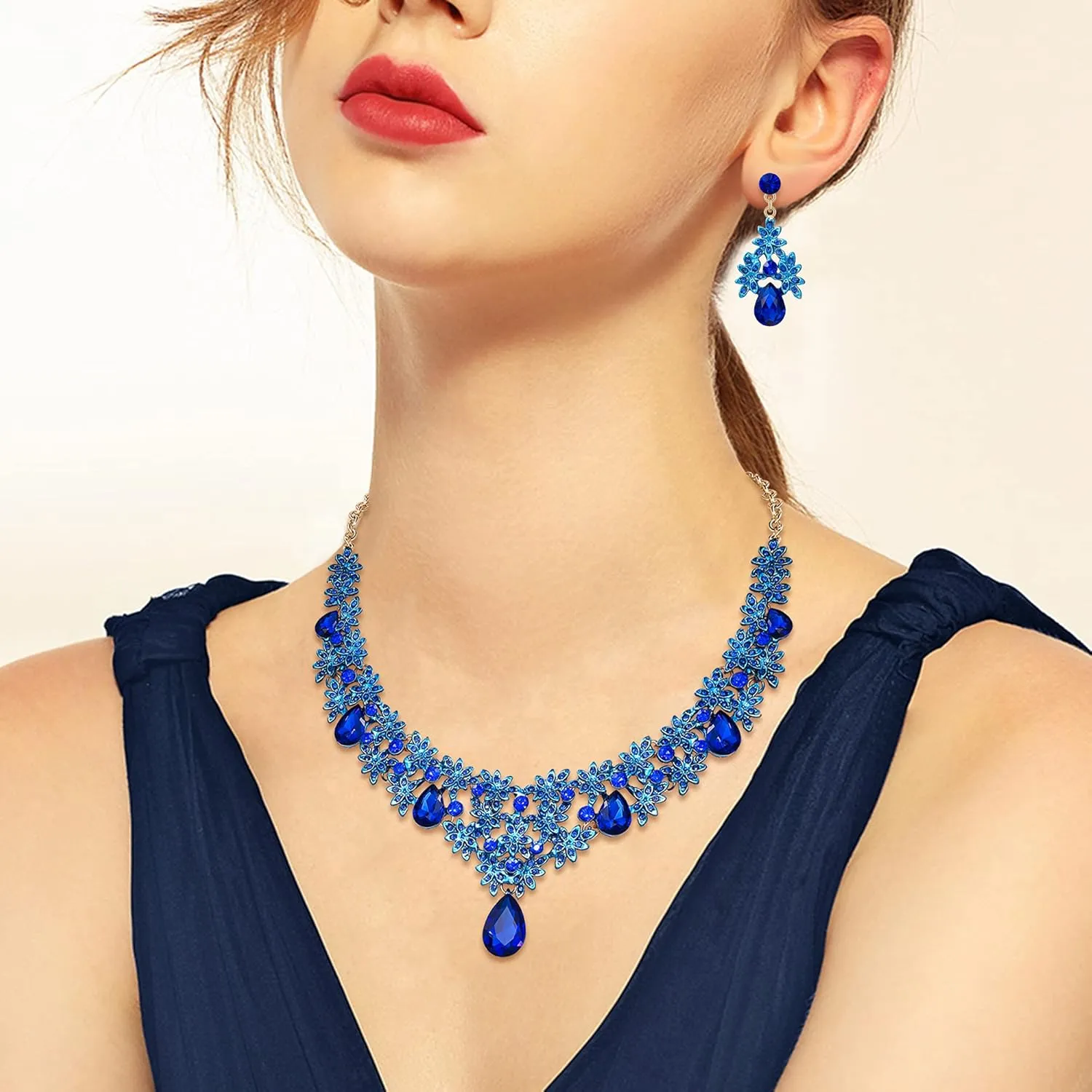 BriLove Women's Wedding Bridal Teardrop Crystal Necklace Cluster Statement Enamel Jewelry Dangle Earrings Set