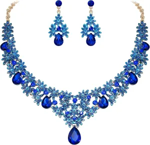 BriLove Women's Wedding Bridal Teardrop Crystal Necklace Cluster Statement Enamel Jewelry Dangle Earrings Set