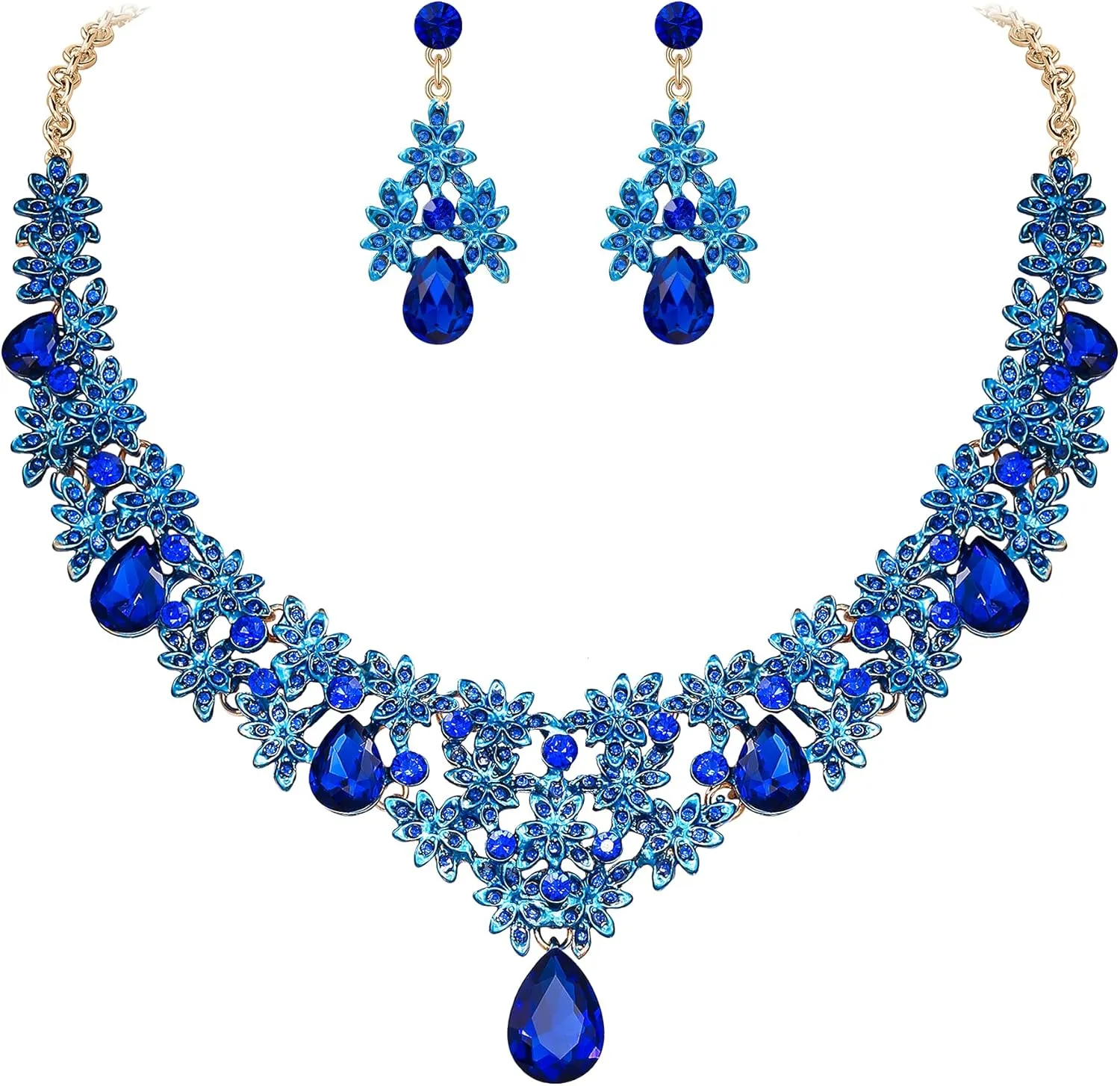 BriLove Women's Wedding Bridal Teardrop Crystal Necklace Cluster Statement Enamel Jewelry Dangle Earrings Set