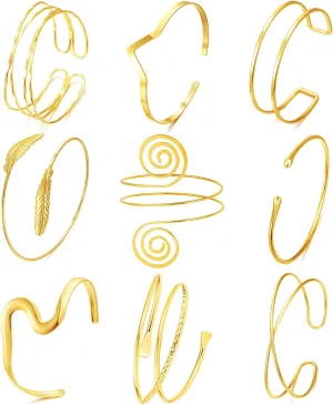 BROCC 9PCS Gold Arm Cuff Bangle Bracelets for Women Bangle Armband Coil Swirl Upper Armlet Arm Cuff Bracelets Simple Adjustable Armband Jewelry Set