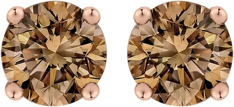 Brown Round Brilliant Cut Diamond Earring Studs in 14K White Gold (1/4 cttw)