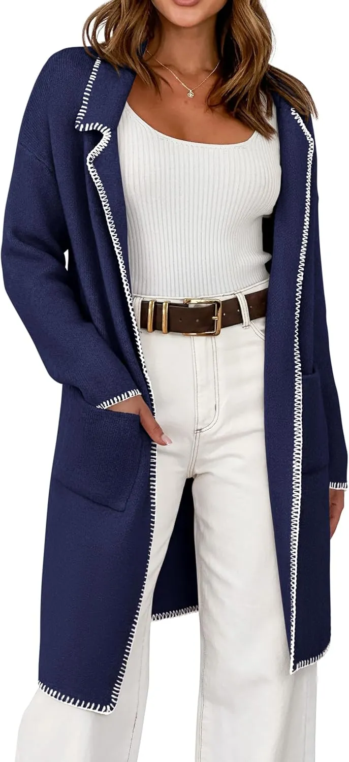 BTFBM Women's Open Front Cardigan Lapel Coatigan Lady 2024 Fall Winter Jacket Outwear Long Sweater Blazer with Pockets