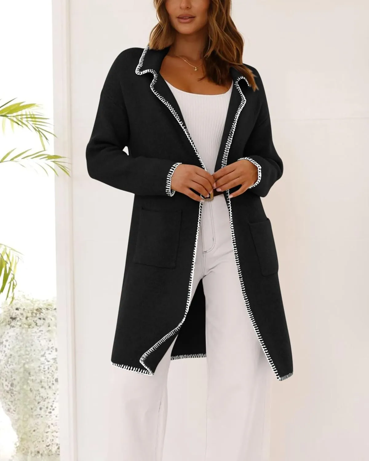 BTFBM Women's Open Front Cardigan Lapel Coatigan Lady 2024 Fall Winter Jacket Outwear Long Sweater Blazer with Pockets