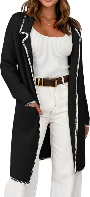 BTFBM Women's Open Front Cardigan Lapel Coatigan Lady 2024 Fall Winter Jacket Outwear Long Sweater Blazer with Pockets