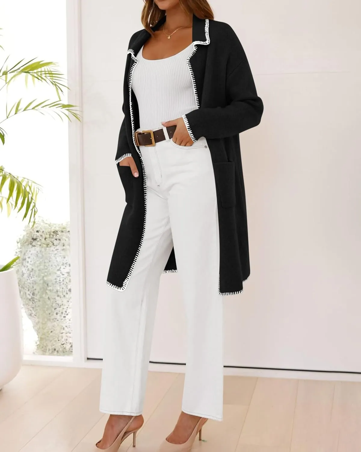 BTFBM Women's Open Front Cardigan Lapel Coatigan Lady 2024 Fall Winter Jacket Outwear Long Sweater Blazer with Pockets