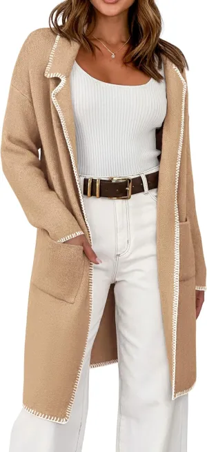 BTFBM Women's Open Front Cardigan Lapel Coatigan Lady 2024 Fall Winter Jacket Outwear Long Sweater Blazer with Pockets