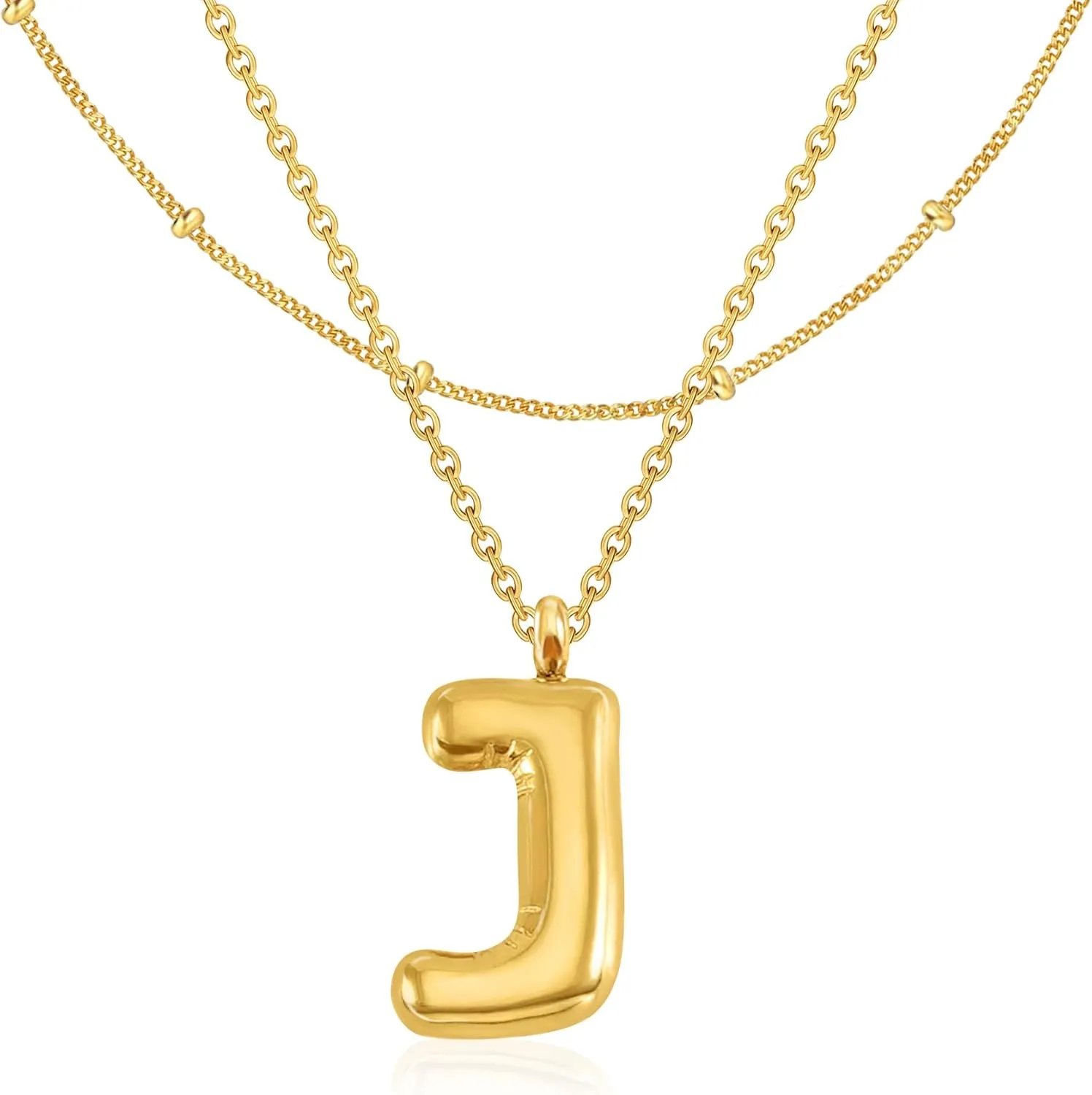 Bubble Letter Necklace Gold - 18K Gold Plated Initial Necklace, Layered Gold Necklaces, Gold Initial J Necklace, Trendy Initial Jewelry Bubble Balloon Letter Necklace Gifts for Women