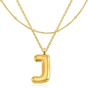 Bubble Letter Necklace Gold - 18K Gold Plated Initial Necklace, Layered Gold Necklaces, Gold Initial J Necklace, Trendy Initial Jewelry Bubble Balloon Letter Necklace Gifts for Women