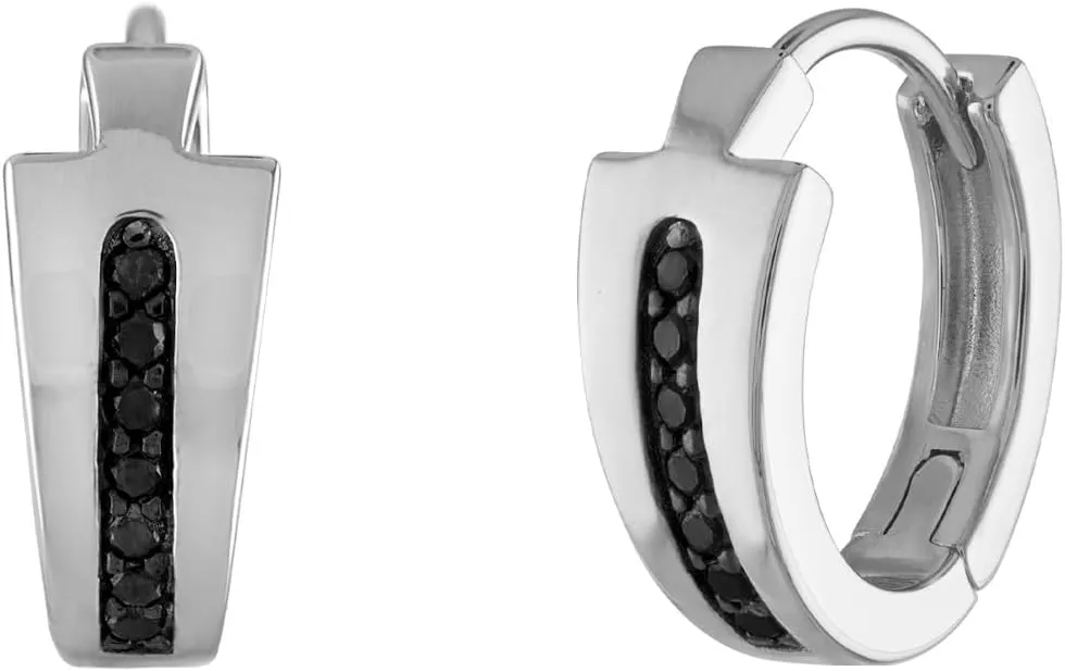Bulova Jewelry Men's Icon Black Diamond Rhodium Plated Sterling Silver Hoop Earrings, Style:BVE1007-WSAA