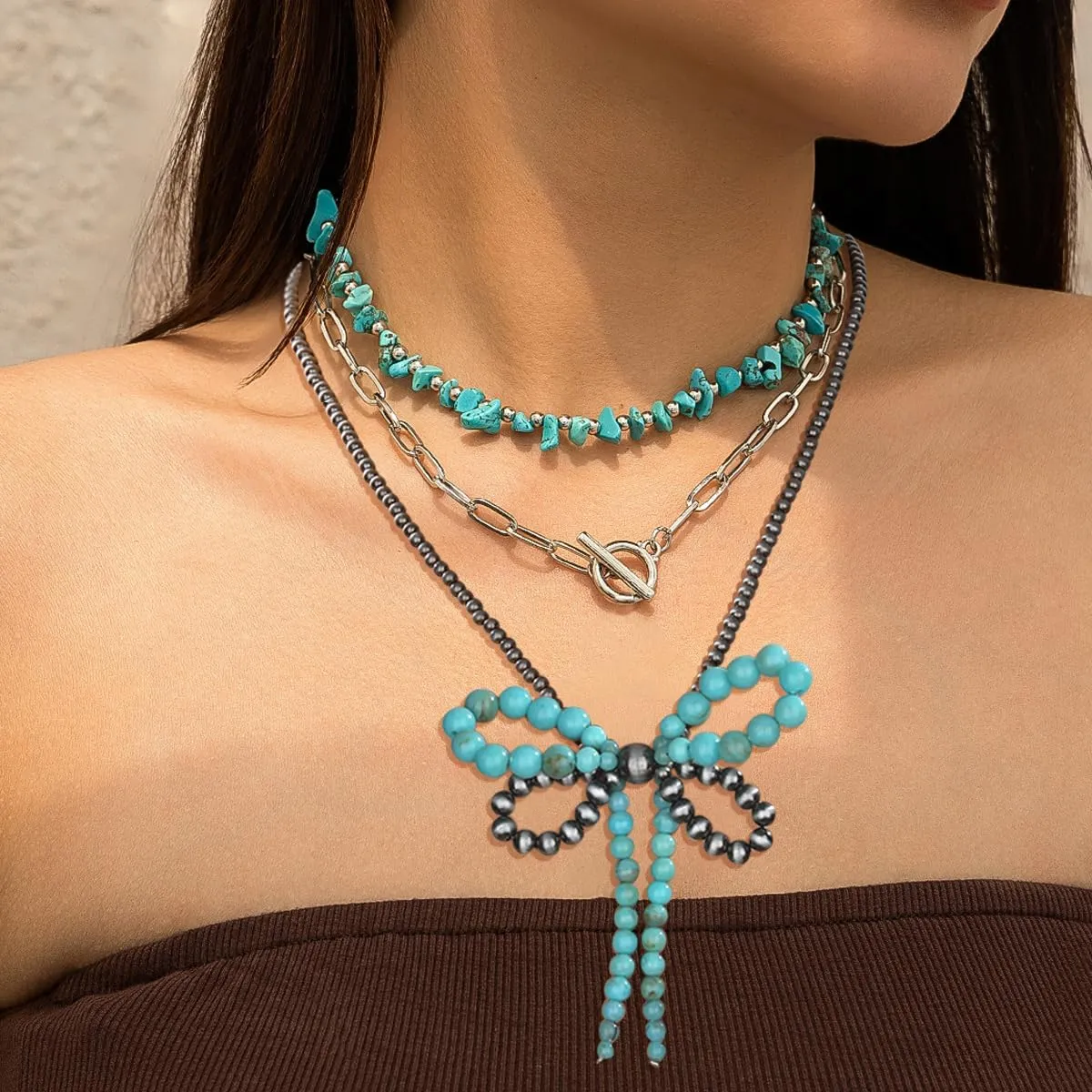 Butterfly Navajo Pearl Necklace Western Jewelry for Women Cowgirl Turquoise Bow Necklaces Jewelry