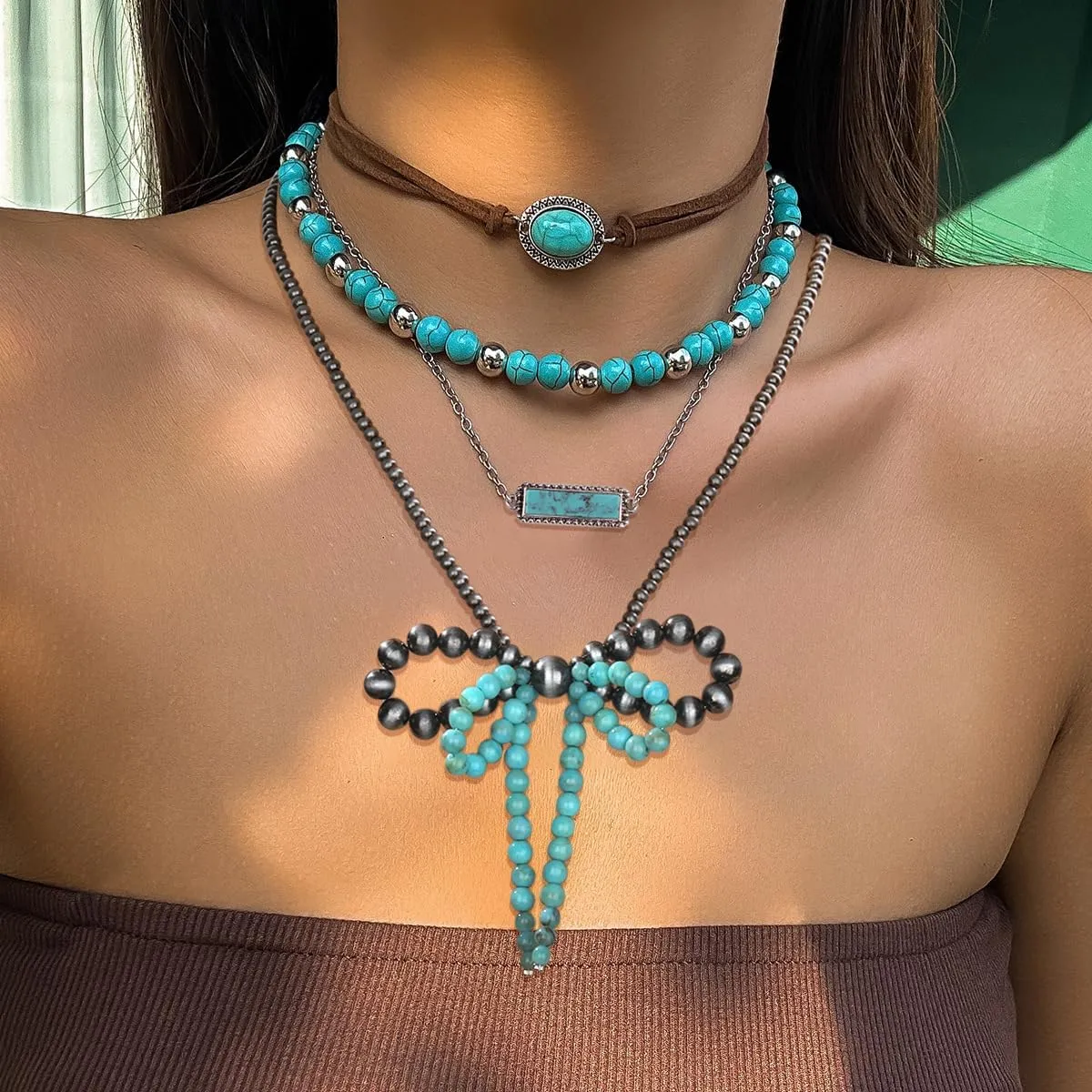 Butterfly Navajo Pearl Necklace Western Jewelry for Women Cowgirl Turquoise Bow Necklaces Jewelry