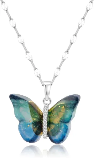 Butterfly Necklace for Women - Fairy Cubic Zirconia Butterfly Pendant Necklaces Titanium Steel (Silver Blue)