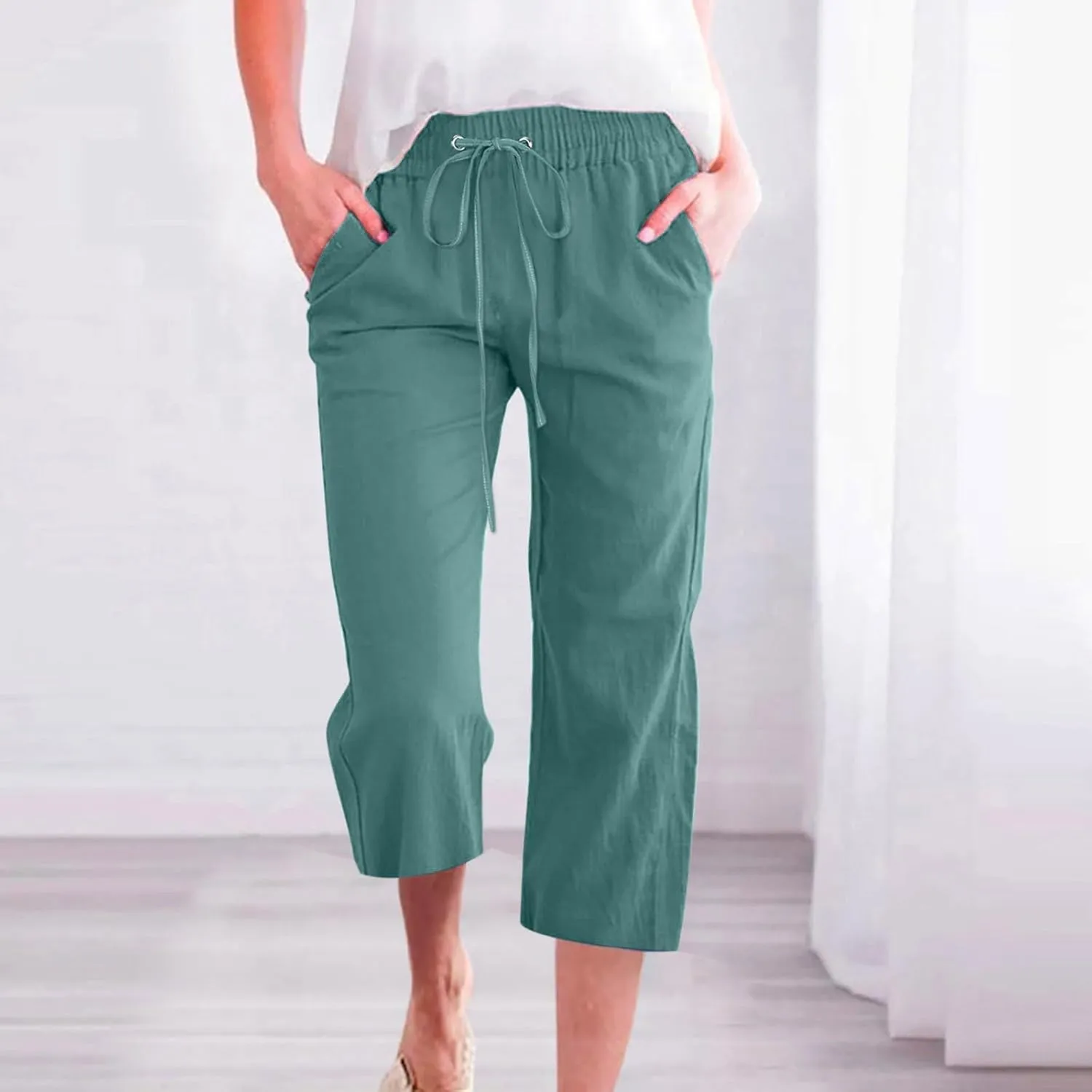 Capri Pants for Women Casual 2025 Summer Drawstring Elastic Waist Linen Pant Straight Wide Leg Pocket Cropped Trouser Cropped